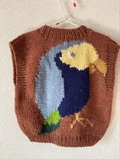 オウム柄　ハンドメイド　ニットベスト