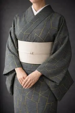 【J1183】着物 紬風 袷 正絹 黒 黄 対象身長～158cm お出かけにも♪