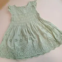 プティマイン130レースシャーリング袖フリルチュニックライトグリーンカットワーク