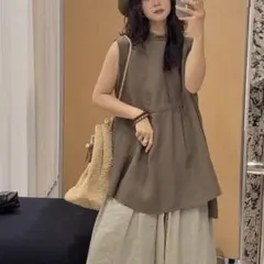 ブラウス 袖なし おしゃれ度高め 無地＆シンプル 着痩せ スタンドカラー