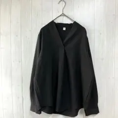 XinJiaLi　長袖ブラウス　Vネック　ノーカラー　ブラック　L