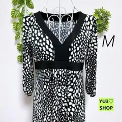 クランプリュス・M 七分袖ワンピース ブラック系 総柄 ストレッチ素材