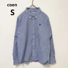 coen コーエン 長袖シャツ ギンガムチェック柄 青 S 綿100% 胸元刺繍