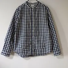 90s OLD GAP リネン レーヨン バンドカラー シャツ チェック 白 紺 