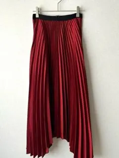 ZARAアシンメトリープリーツロングスカートXSボルドーサテン調ウエストゴム