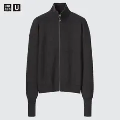 美品！UNIQLO U メリノブレンドフルジップセーター L黒ドライバーズニット