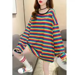 ●BIGサイズ！カラフル レインボー ボーダー長袖Tシャツ オーバーサイズ100