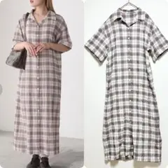 【forksy.】チェック柄 ハーフスリーブ ロング丈シャツワンピース　ゆったり