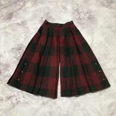 vintage ワイドパンツ　チェック柄　プリーツ　ウール　レッド×ブラック