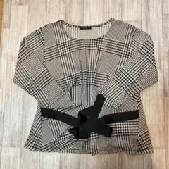【GIVORS】Ｌサイズ チェック柄ブラウス 長袖　ウエストリボン 千鳥格子