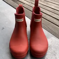 HUNTER レッド サイドゴア ショートレインブーツ 24CM 赤