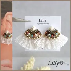 #994 ビーズ刺繍/大ぶり/フリンジ/ターコイズ/ホワイト/ハンドメイドピアス
