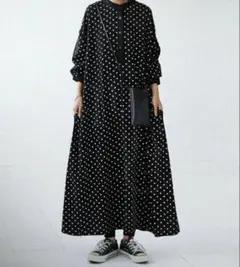 【美品】パターントルソ アンティカ ロングワンピース 切替ドット柄 ブラック