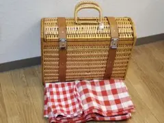 ​おしゃピク3点セット 籐製ピクニックバスケット 赤白チェック柄シート＆マット