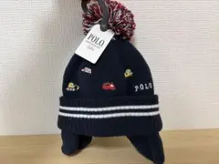 ★新品タグ付き★POLO 46-50cmネイビー ニット帽 ポンポン付き 耳あて