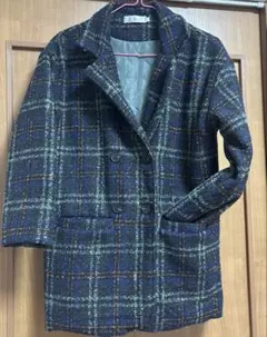 ネイビー系チェック ダブルブレストコート 2XL レディース