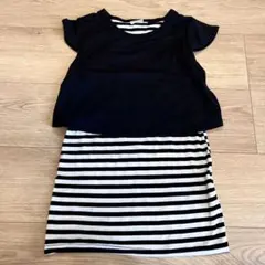 【美品】重ね着風 ボーダー ワンピース 130cm 女の子 黒