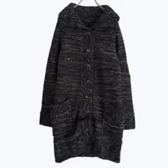 グレイマジック ロングニット カーディガン ブラック ミックス スタンドカラー