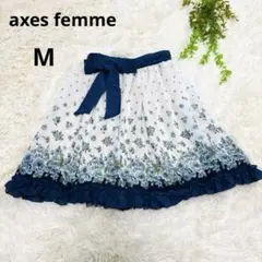 アクシーズファム◆花柄シフォンフリルスカート(M)白青　膝丈　裏地有り