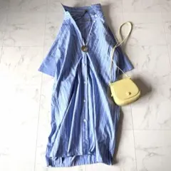 美品マーガレットハウエル ストライプ シャツワンピース青白 コットンゆったりⅡ