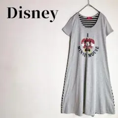 Disney　ミニーマウス　ロングワンピース　半袖　ボーダー切替　グレー　L