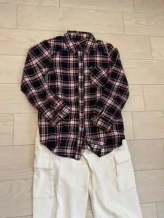 チェックトップス 長袖 シャツ ネルシャツレディースMネイビー赤