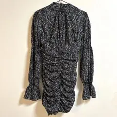 美品✨Jasmineスタンドカラーパワショル花柄ミニワンピース　黒ブラック