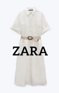 美品★ZARA★リネン混ミディシャツワンピースXS /エクリュ/ロングワンピース