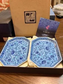 庫山窯　青い花柄八角形陶器皿　６枚セット