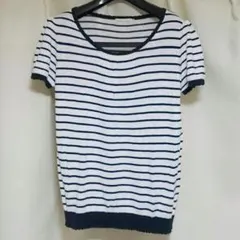 M　earth music&ecology　濃紺ボーダーの半袖ニット