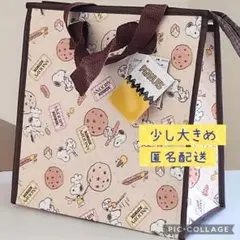 Aブラウン-39 大きめ スヌーピー保冷保温ミニランチバッグ縦型ファスナー付き