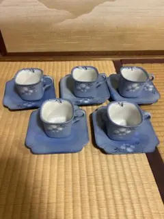 【刻印あり】5客セット 和モダン 花柄 カップ＆ソーサー 青磁風 コーヒー来客用