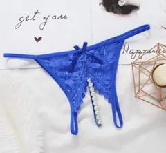 オープンクロッチショーツ　セクシーパンティ　パール付きショーツ　青のサムネイル