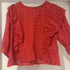 w closet レースフリル 五分袖ブラウス レッド　刺繍