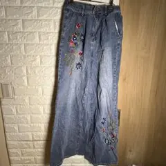 SHEIN 花柄刺繍 ワイドデニムパンツ サイズ28 ブルー ジーパン