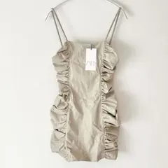 新品 ZARA ザラ キャミソール ワンピース ギャザー ミニ S ベージュ