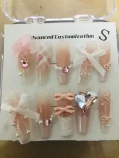 3点セット，ネイルチップ10個入り、ピンク リボン ハートSサイズ