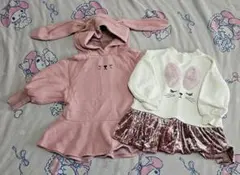 子供服　ウサギ耳フードワンピース　トレーナー　ベビーキッズ　2枚セット