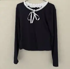 ネイビー フリルリボン長袖トップス