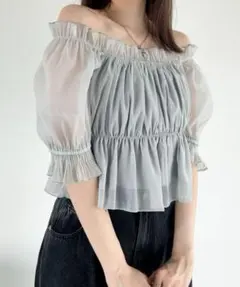 Heather フリルオフショルシフォンブラウス グレー