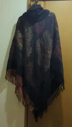 パシュミナ 100% ポンチョ / ニット ハイネック 防寒 BK