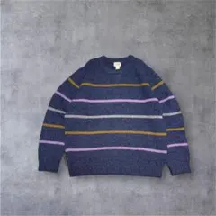 L.L.Beanニットセーター2XL ネイビー マルチカラー ボーダーラムウール