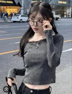 GRL グレイル tu1571 レースフリルオフショルリブトップス ブラック