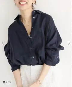 美品　IENA ウォッシャブルリネン2wayシャツ　ネイビーのサムネイル