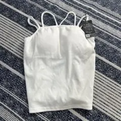 リブ編みホワイトキャミソール M カップ付き