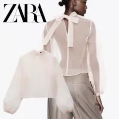 ZARA バックリボン オーガンザトップス ピンクベージュ XS
