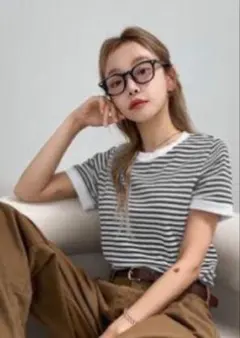 DAZY ボーダー ワッフル 半袖 Tシャツ　透け感なし
