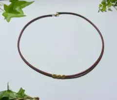 真鍮ビーズ3粒 牛革丸紐ネックレス50cm ナチュラル