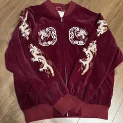 【豪華刺繍】ベロアスカジャン 別珍 龍ワインレッド Mサイズ相当ヴィンテージ古着