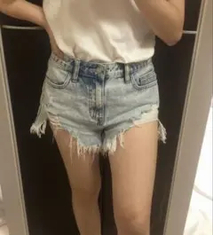 デニムショートパンツ ライトブルー ダメージ フリンジ加工